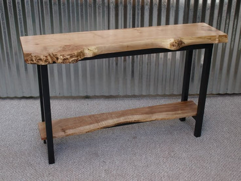 Live edge console table, front view showing wood grain