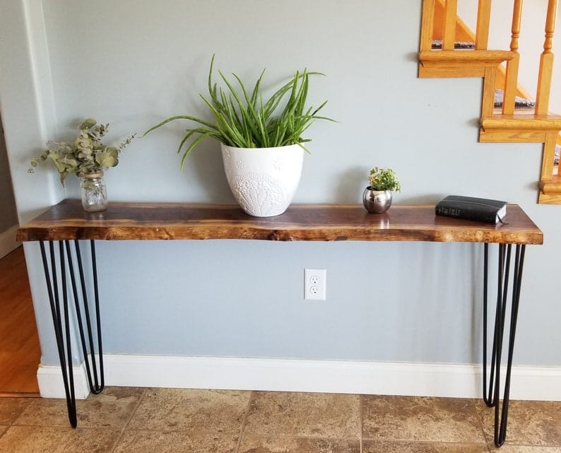 Live edge console table, side profile showing hairpin legs