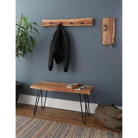 Live edge console with wall-mounted coat hooks