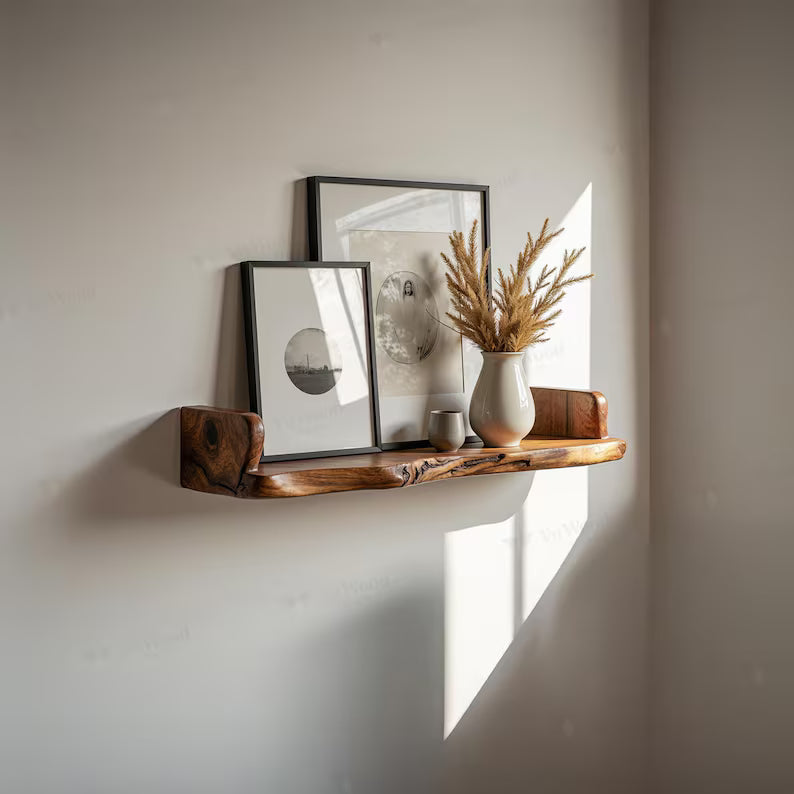 Live edge floating shelf, close-up of wood grain
