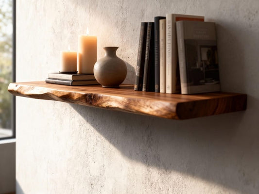Live edge floating shelf, close-up of wood grain