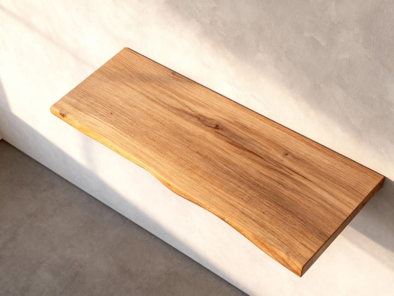 Live edge floating shelf, mounting hardware detail