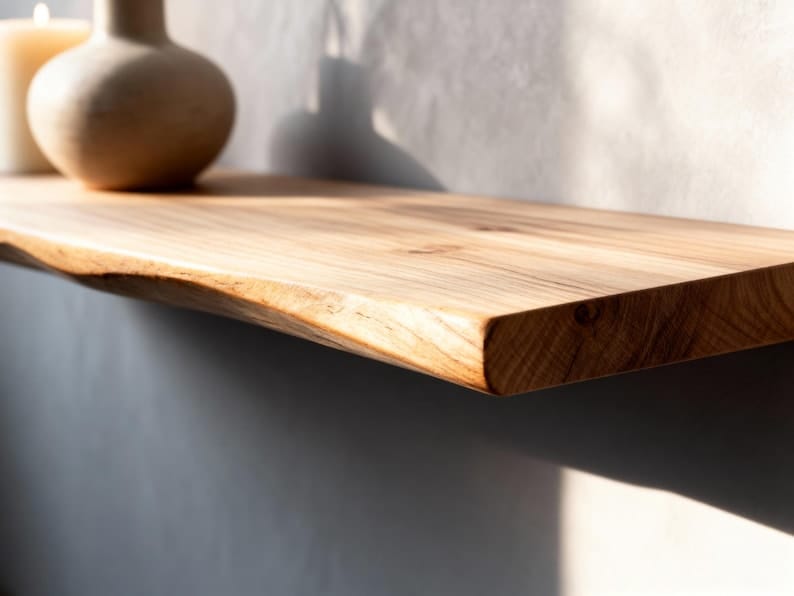 Live edge floating shelf styled in bedroom