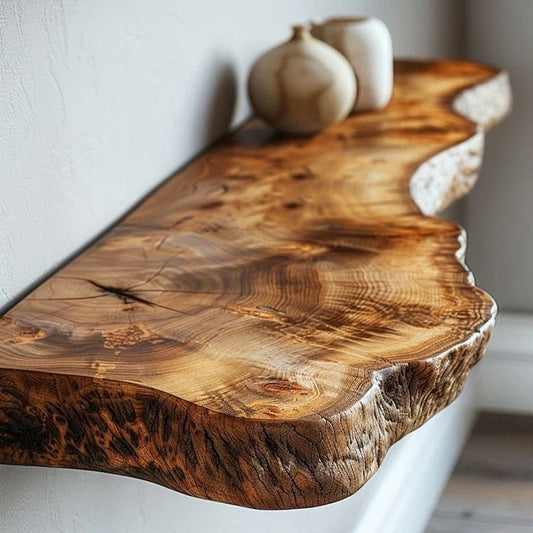Live edge floating wood shelf, full view
