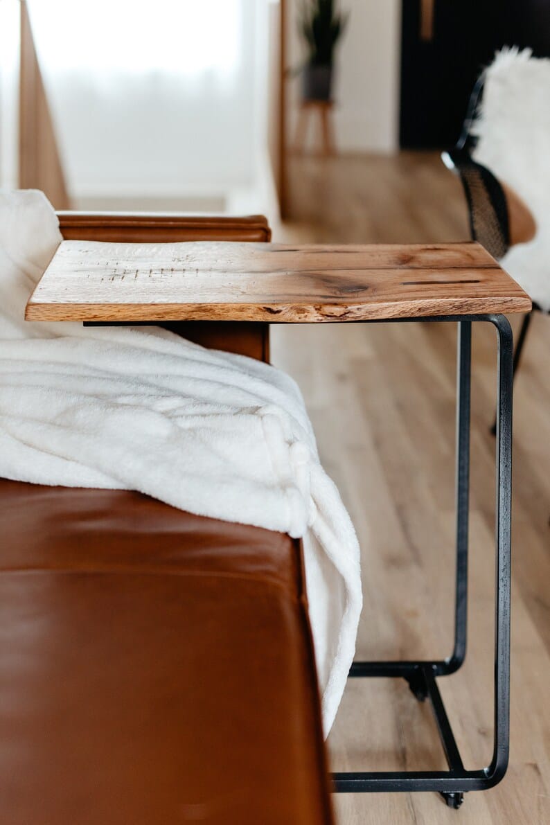 Live edge portable side table, angled view