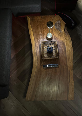 Live edge rustic center table, full front view