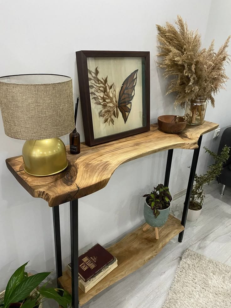 Live edge sheesham console table with hairpin legs