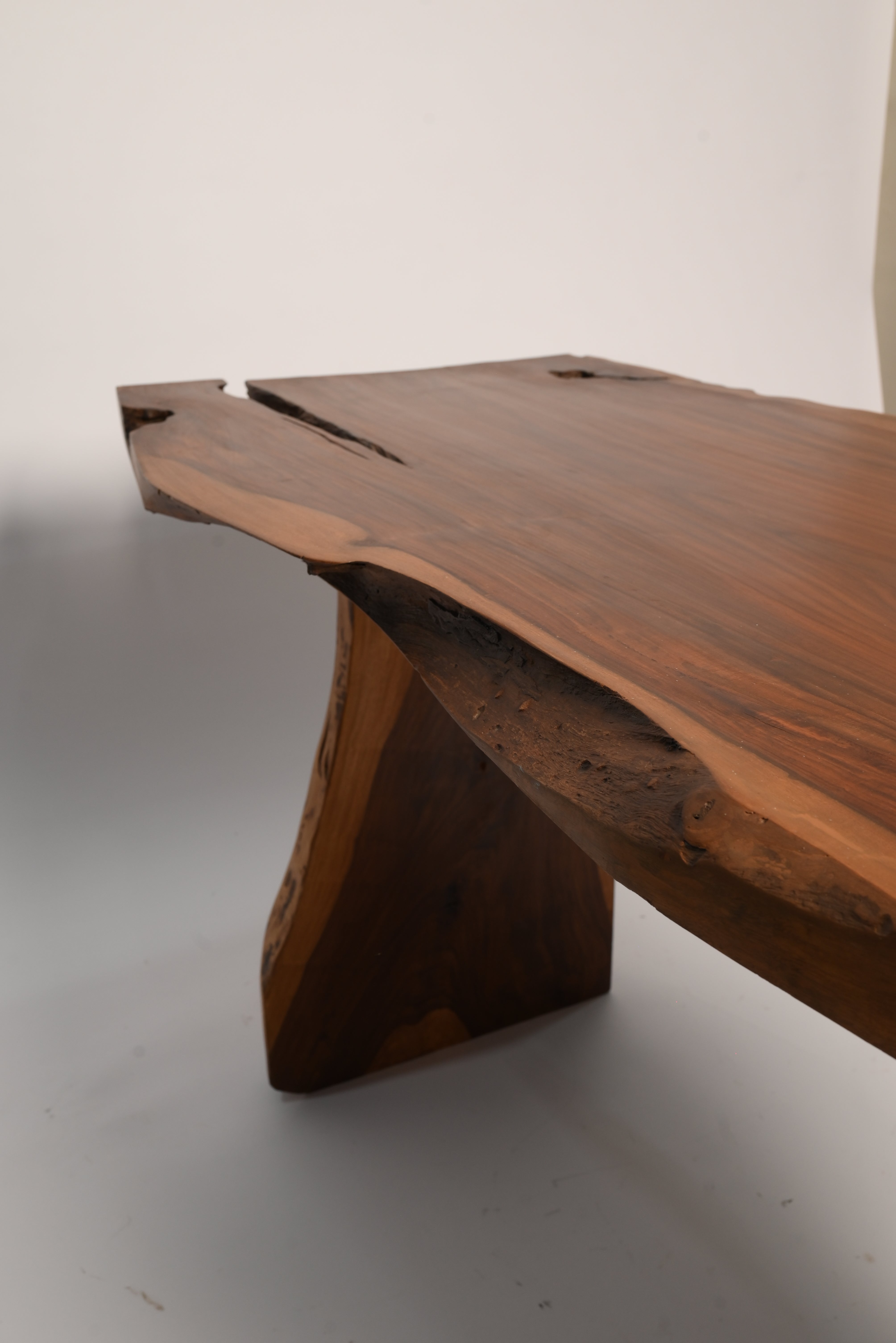 "Live edge sheesham dining table corner detail"