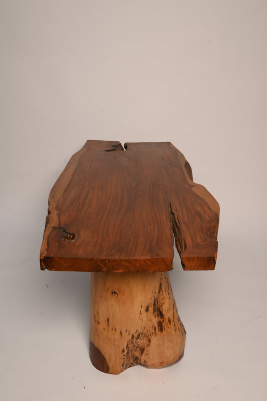 "Live edge sheesham dining table with glossy finish"