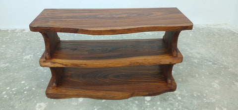 "Live edge sheesham shoe rack bench in entryway setting"