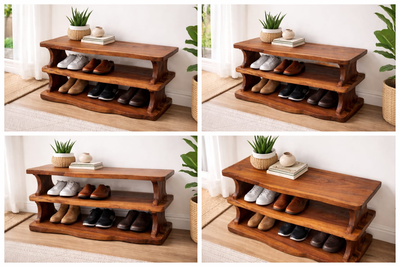 "Live edge sheesham shoe rack bench side view"