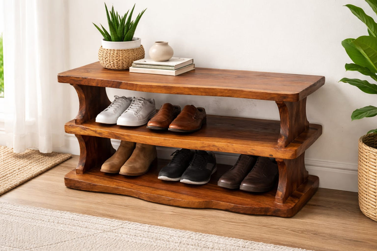 "Live edge sheesham shoe rack bench with glossy finish"