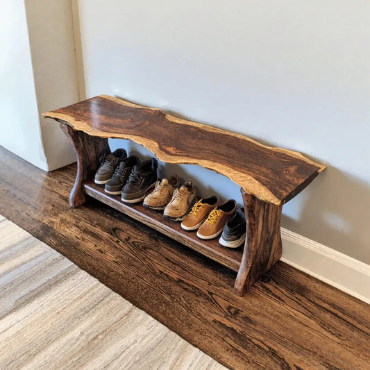 Live edge sheesham wood shoe rack bench