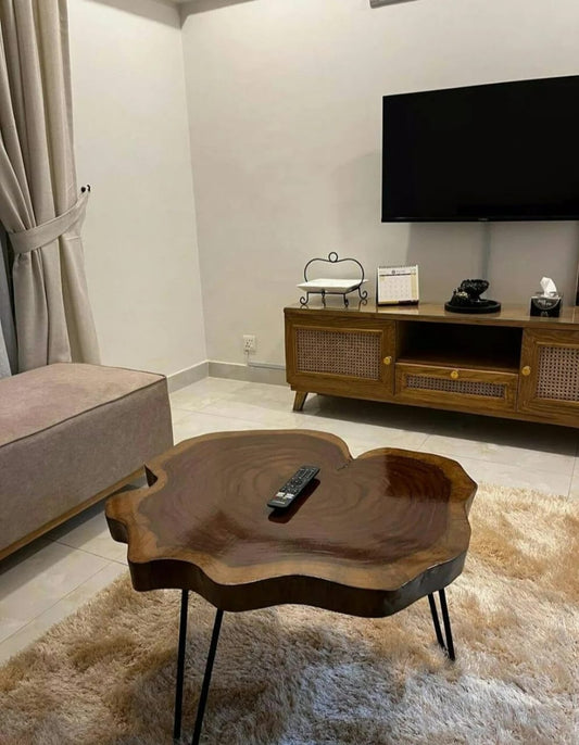 Live edge sheesham wood side coffee table with natural bark edge