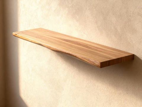 Live edge shelf in bathroom setting