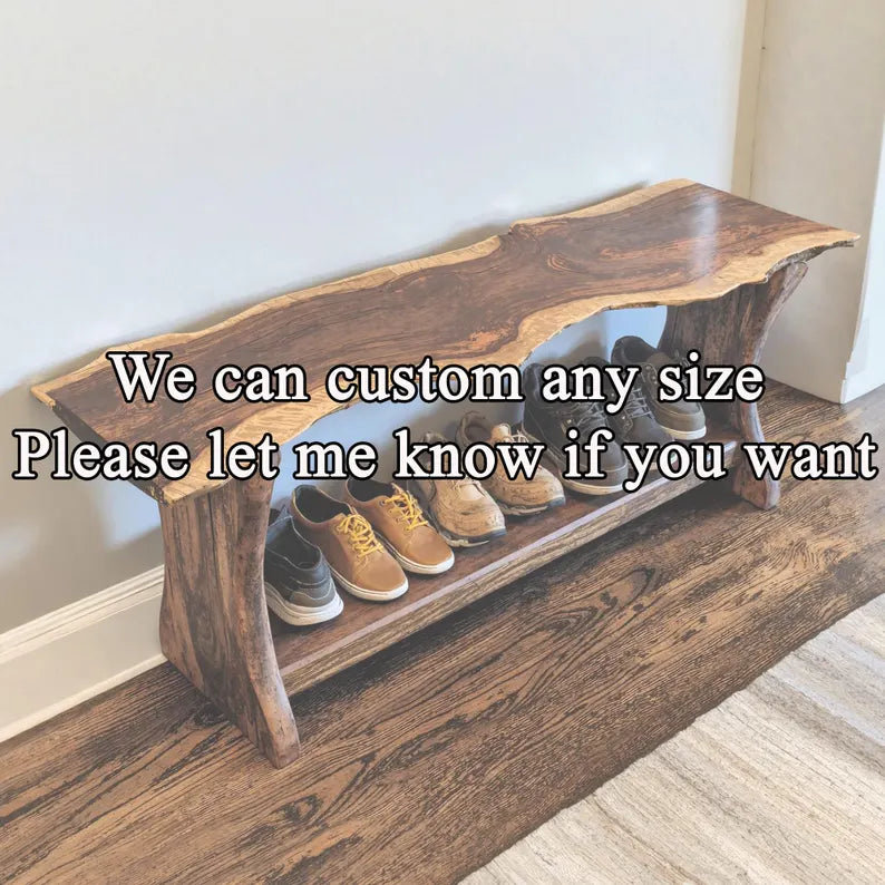 Live edge shoe storage bench close-up showing wood grain