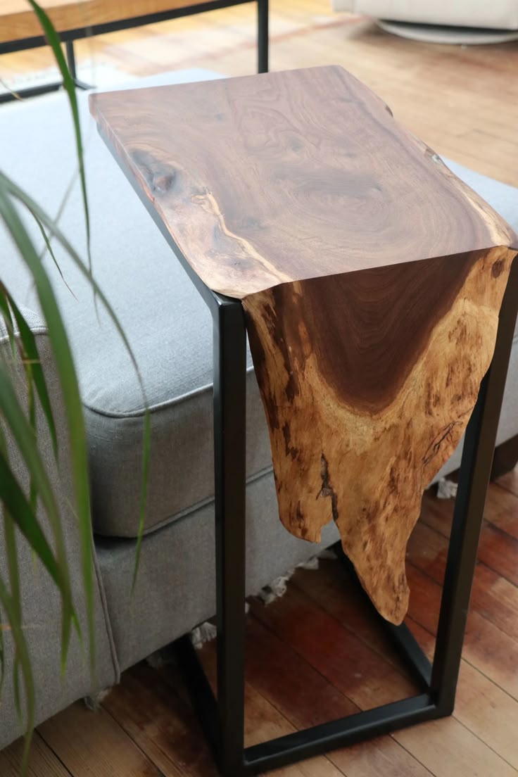 Live edge side table, angled view showing edge detail