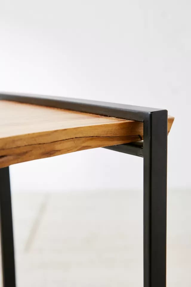 Live edge side table, angled view showing metal legs