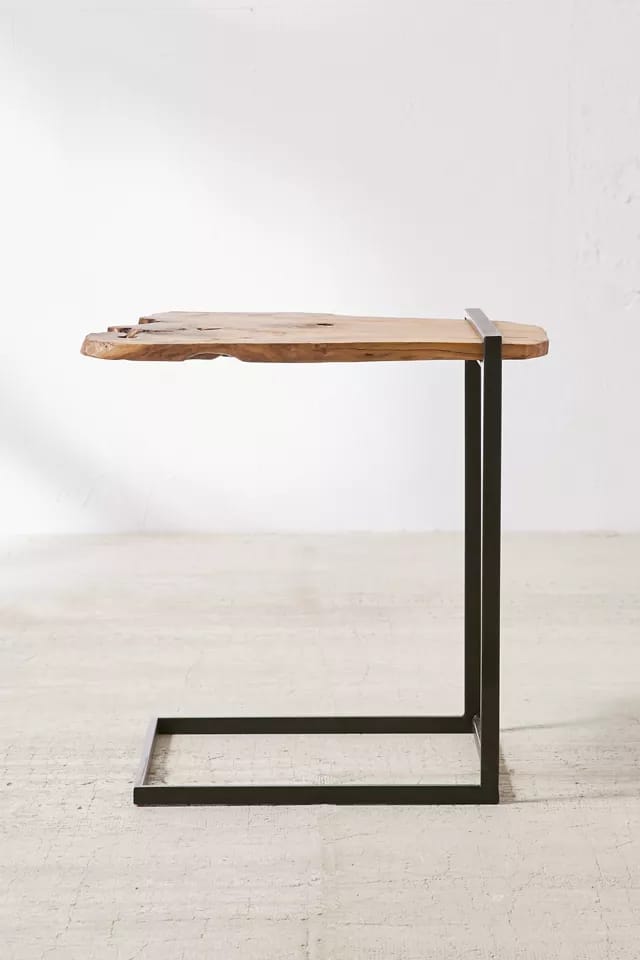 Live edge side table close-up showing wood grain and edge