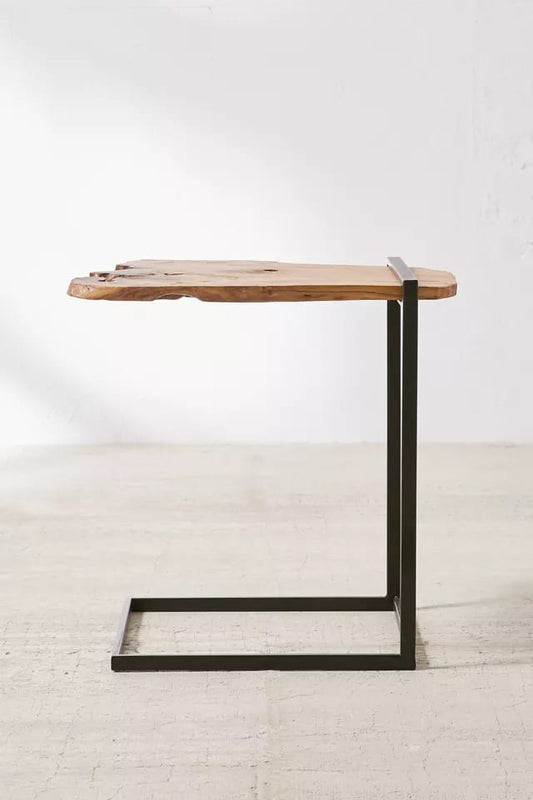 Live edge side table close-up showing wood grain and edge