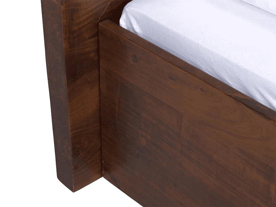 "Live edge solid wood bed in bedroom setting"