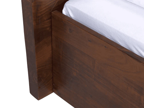 "Live edge solid wood bed in bedroom setting"