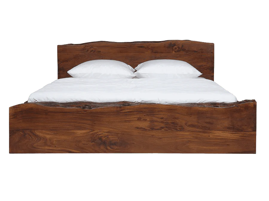"Live edge solid wood bed with glossy finish"