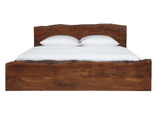 "Live edge solid wood bed with glossy finish"