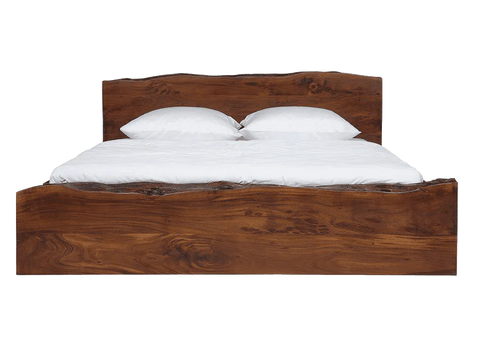 "Live edge solid wood bed with glossy finish"