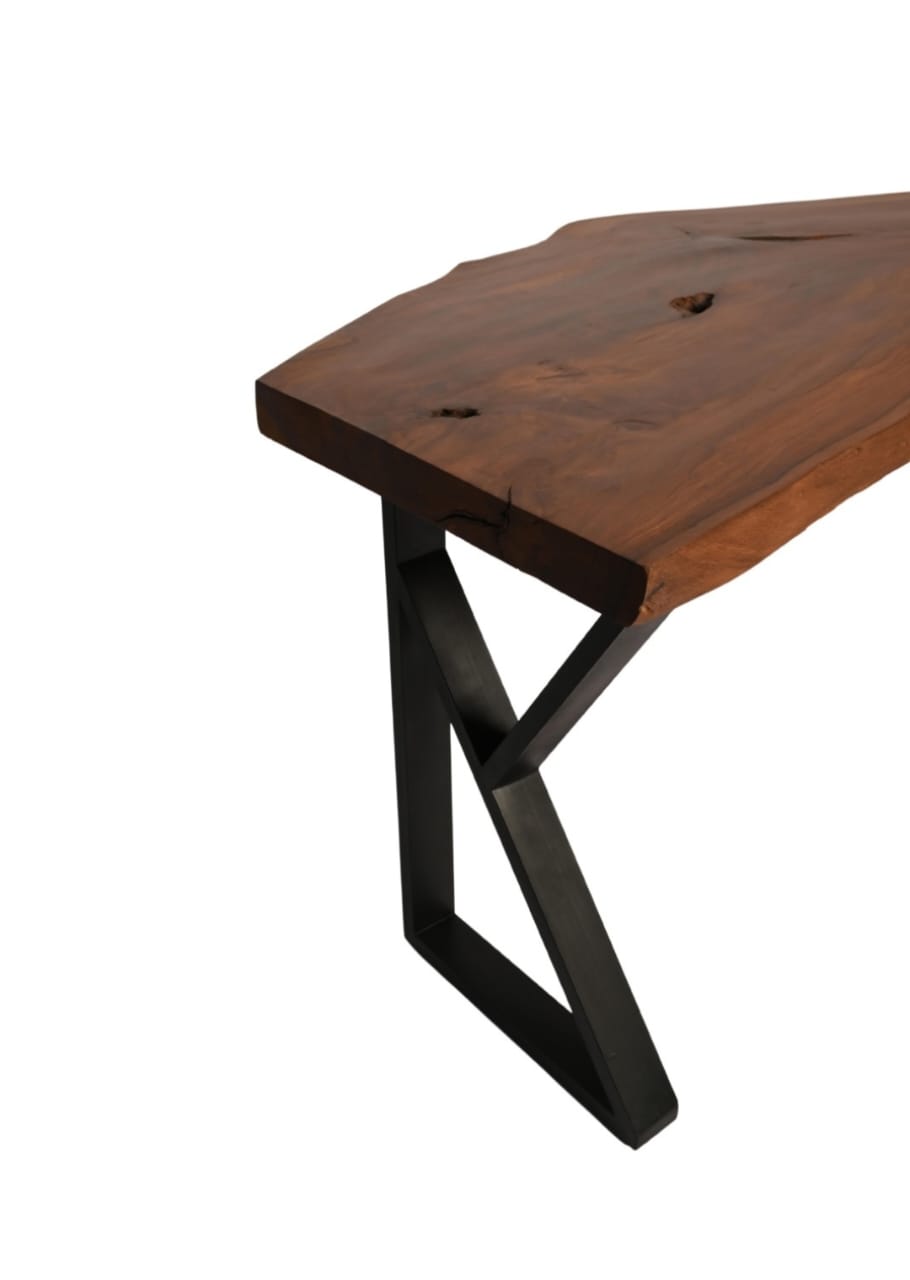 Live edge study table angled view showing frame and legs
