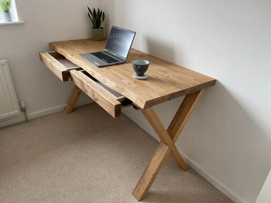 "Live edge study table wood grain close-up"