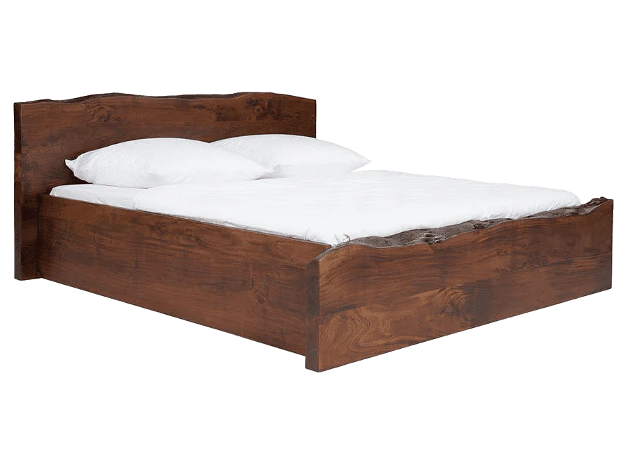 "Live edge wood bed frame close-up"