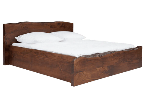 "Live edge wood bed frame close-up"
