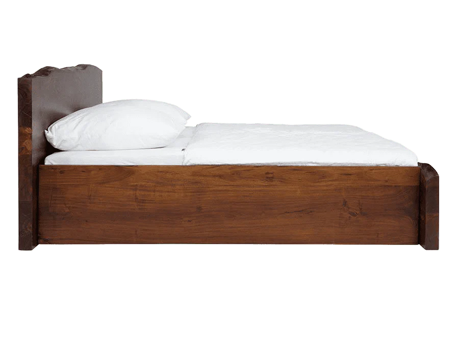"Live edge wood bed headboard detail"