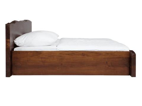 "Live edge wood bed headboard detail"