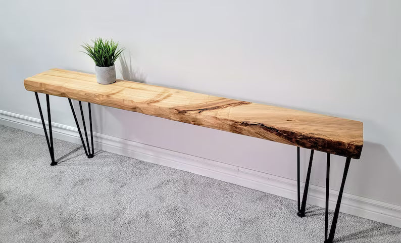 Live edge wood bench, side profile showing hairpin legs