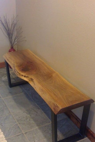 Live edge wood bench, side profile view