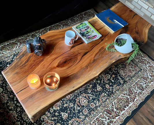 Live edge wood center table, full front view
