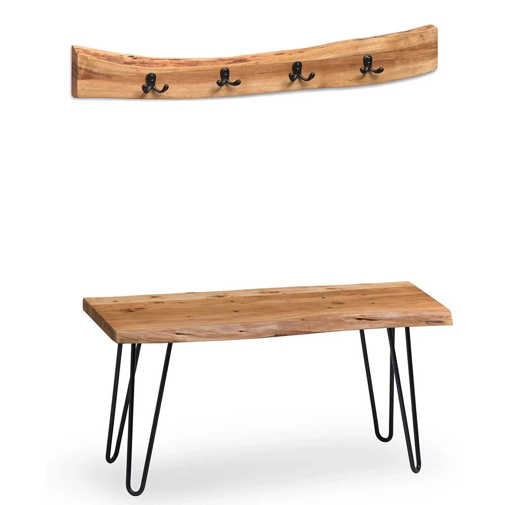 Live edge wood console, close-up of hairpin legs