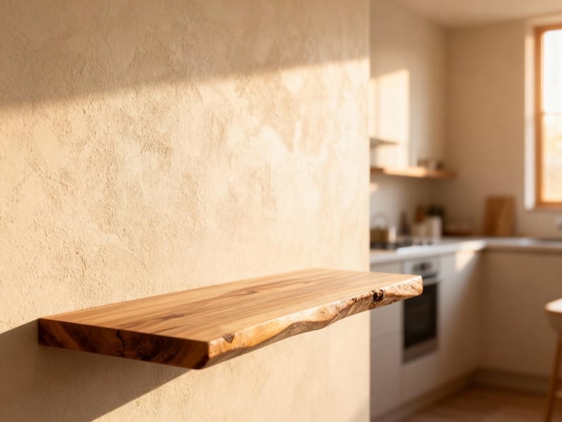 Live edge wood shelf, angled view