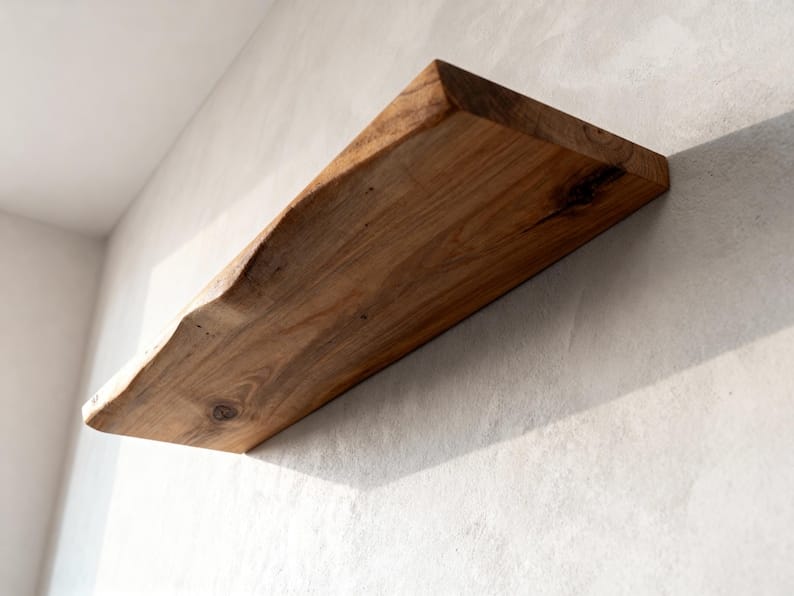 Live edge wood shelf in living room setting