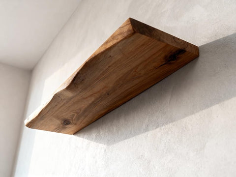 Live edge wood shelf in living room setting