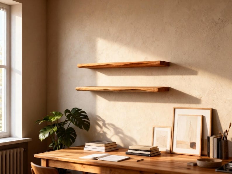 Live edge wood shelf styled with books and decor