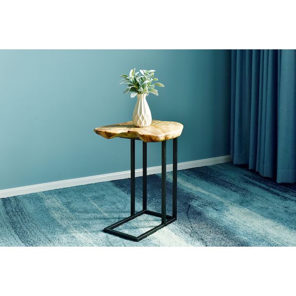 Live edge wood side table, full room setting