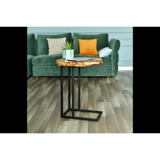 Live edge wood side table with metal legs, front view