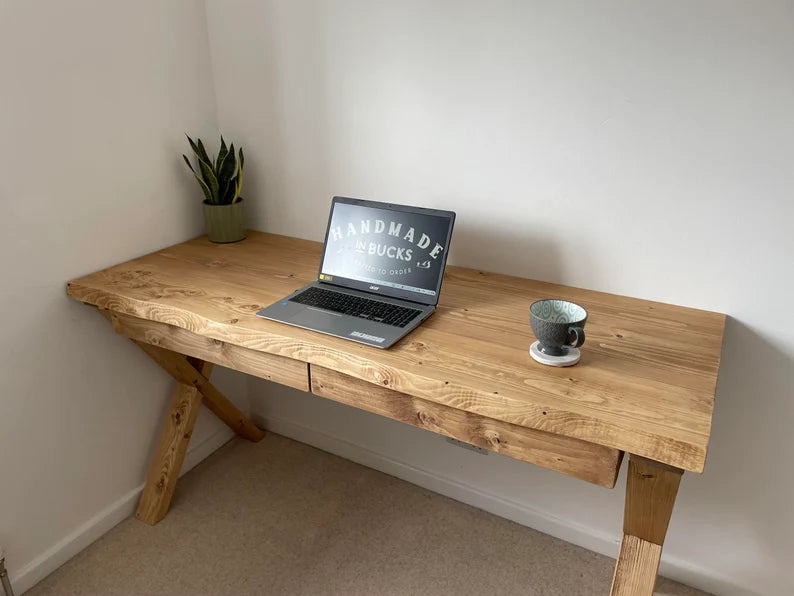 "Live edge wood study table front view"