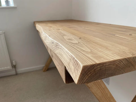 "Live edge wood study table full length view"