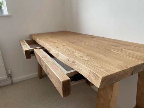 "Live edge wood study table side view"