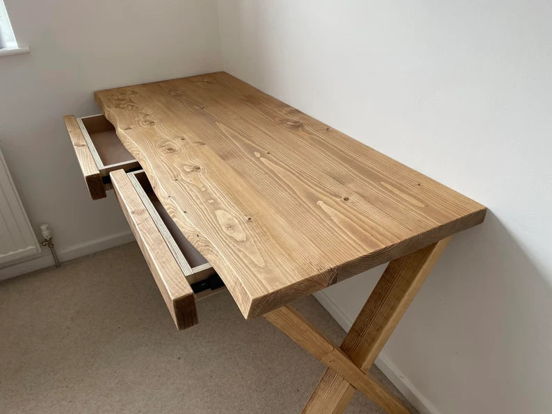 "Live edge wood study table tabletop detail"