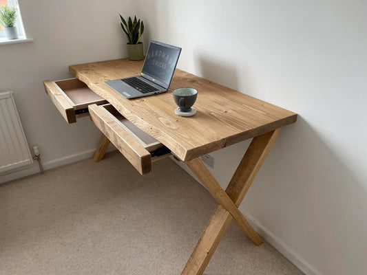 "Live edge wood study table with glossy finish